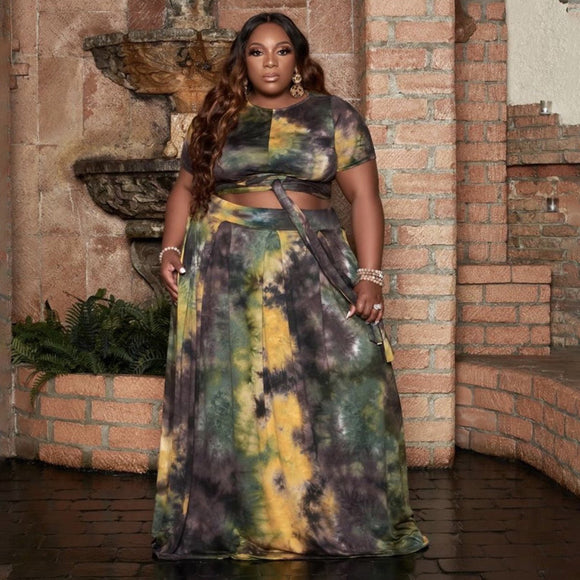 Plus Size Tie-Dyed Solid Color Casual Set  Women Two-Piece Suit