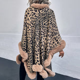 Autumn Winter Fur Collar Cape Cardigan Leopard Print Shawl Sweater  Women