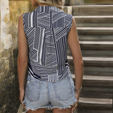 Summer Sleeveless Design Blouse Single Breasted Irregular Asymmetric Striped Women Shirt
