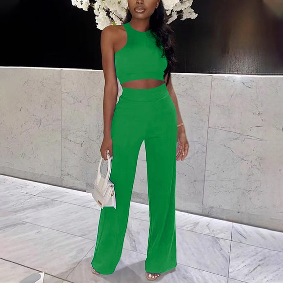 Summer Pants Suit Solid Color Office Sleeveless Vest Pants Casual Two Piece Suit Women