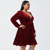 plus Size Fall Winter Women Clothing V neck Waist Controlled Slimming Long Sleeve Sexy Velvet Dress