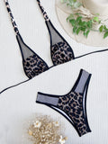 Bikini Double Bikini Stitching Swimsuit Lace Up Swimwear Women Leopard Print Swimsuit Mesh Bikini