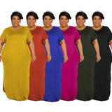 Plus Size Summer New Solid Color round Neck  Dress Slit Hemline at Hem Loose Skirt