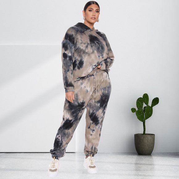 Plus Size Popular Autumn Sping Tie-Dyed Loose Hooded Sweater  Casual Set