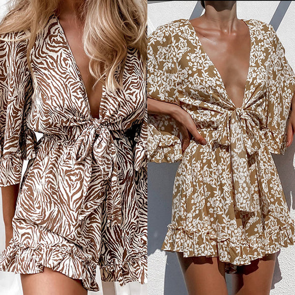 Hollow out Ruffle design in front of the chest, bandage dressv collar short skirt for women