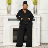 Women Clothing Autumn Winter Solid Color Casual High Waist Wide Leg Pants Two Piece Suit Women