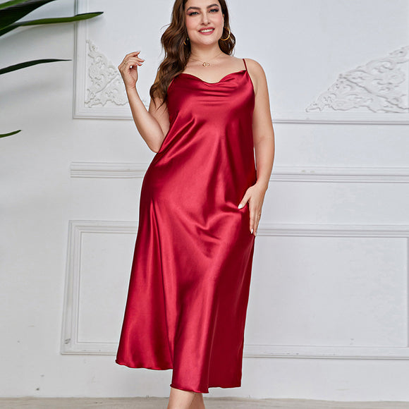 Plus Size Pajamas Women Fashionable Breathable Casual Pajamas Long Artificial Silk Sexy Sling Nightdress
