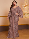 plus Size Ladies Cocktail Dress Sequined Long Sleeve V-neck Pleated Dress Hip Dress
