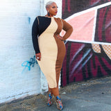 Plus Size Women Clothing Spring Stitching Contrast Color Tight  Dress