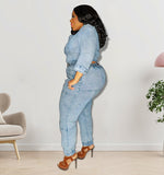 Plus Size Women Clothing Spring Sexy Shoulder Single Sleeve Washing Gray Series Fashion Suit