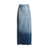 Summer Gradient Color Washed Frayed Hem Split Sexy Slimming Sheath Denim Skirt