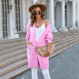 Autumn Winter Women Clothing Knitted Solid Color Pocket Mid Length Sweater Coat