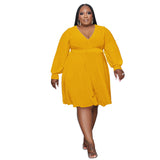 Plus Size Women Solid Color Cross V  neck Belt Loose Knitted Dress