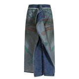 Stomach Blanket Double Sided Wear Art Design Printing Washed Do the Old Cowboy Zipper Stitching Straight Long Skirt
