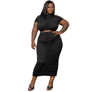 Plus Size Plus Size Women Solid Color Pleated Super Elastic Skirt Set Two-Piece Set
