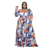 Plus Size Women Clothing Autumn Winter Irregular Asymmetric Color Printed Mop Hem Loose Women Dress