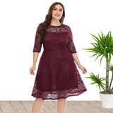 Plus Size Spring Summer  Women Clothes round Neck Lace Dress Mid-Length Formal Dress