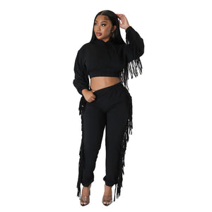 cropped Hooded Sweater Tassel Edge Thinner Pants Autumn Winter two piece set