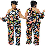 Plus Size Women Clothes Winter off-the-Shoulder Printing Jumpsuit Trousers