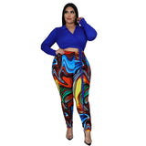 Plus Size Fashion Women Nightclub Printing Collared Strap Two-Piece Suit