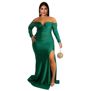 Plus Size Women Clothes Sexy Dress Nightclub V neck Formal Dress Pure Color Split Maxi Dress Autumn Winter High Split