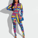 Women Printed Long Sleeved Shirt Tight Trousers Suit Two Piece Set