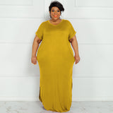 Plus Size Summer New Solid Color round Neck  Dress Slit Hemline at Hem Loose Skirt