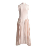 Summer Stand Collar Elegant Slightly Mature Dress Design Pleated Patchwork Waist Slimming Slimming Dress Long Dress