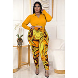 Plus Size Fashion Women Nightclub Printing Collared Strap Two-Piece Suit