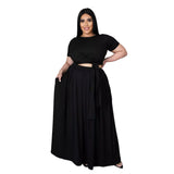 Plus Size Plus Size Women  Solid Color Cross Lace-up Large Swing Skirt Two-Piece Suit