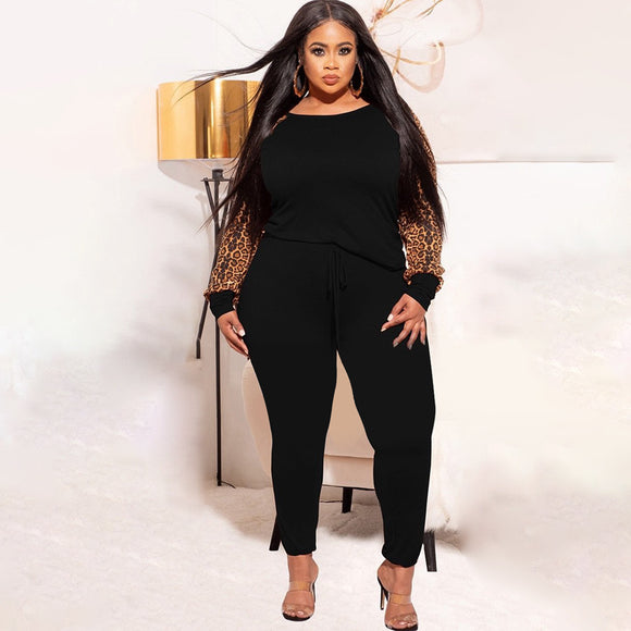 Plus Size Leopard Print Contrast Color Casual Two-Piece Suit  Women Suit