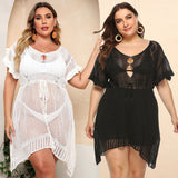 Plus Size Women Clothes Irregular Asymmetric Hollow-out Sexy See-through Woven Wooden Ear Beach Dress Crochet