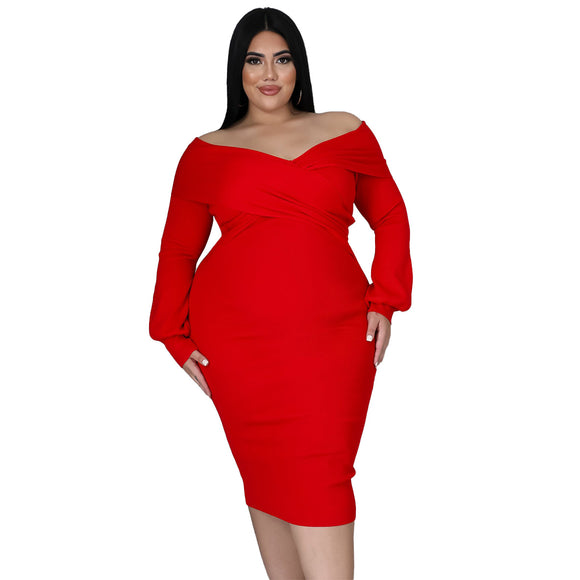 Plus Size Woman  Women V-neck Solid Color Midi Dress Sexy Dress