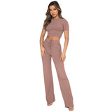 Casual Set Women Solid Color High-Elastic Body Shaping Short Sleeve Sunken Stripe Wide Leg Pants Two-Piece Set