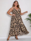 Plus Size Women Summer Sexy V neck Strap Leopard Print Dress
