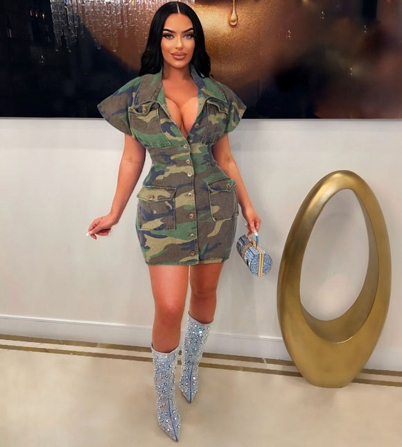 Women Clothing Personalized Sexy Large Collared Camouflage Tight Dress