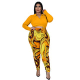 Plus Size Fashion Women Nightclub Printing Collared Strap Two-Piece Suit