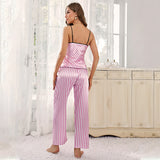 Ice Silk Home Wear Women Thin Breathable Strap Vest Pants Suit Fresh Striped Pajamas Women