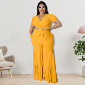 Plus Size Women Clothes Summer Two-Piece Suit Wide-Leg Pants