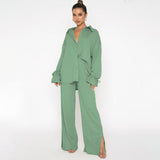 Autumn Winter Solid Color Polo Collar Single Breasted Long Sleeve Tied Top Women Clothing Smart Trousers Suit