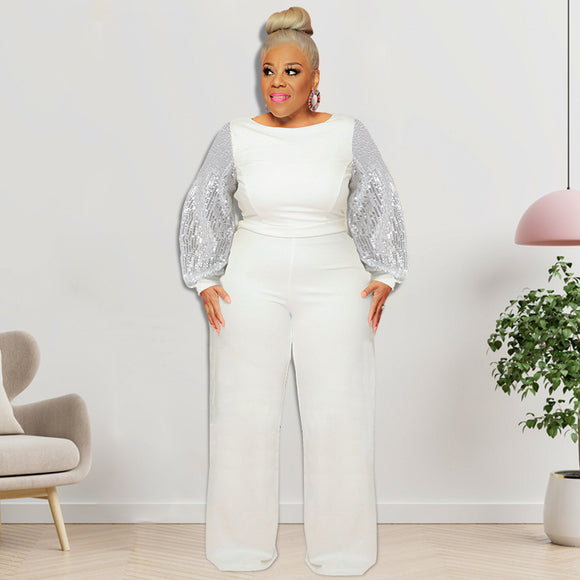 Plus Size Women Clothes Winter New Sequin Sleeve round Neck Jumpsuit  New