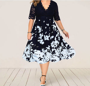 Plus Size Dress Printed V-neck Lace Stitching Banquet Party  Women Clothing Dress