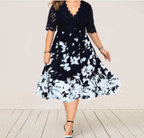 Plus Size Dress Printed V-neck Lace Stitching Banquet Party  Women Clothing Dress