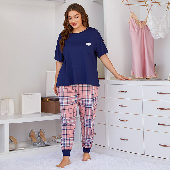 Plus Size Ladies Homewear Heart Printing Short-Sleeved Trousers Two-Piece Set Pajamas