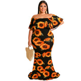 Plus Size Women Clothes Summer Sunflowers Leaf Printed Sexy Tight Dress