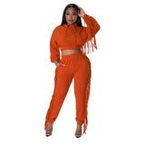 cropped Hooded Sweater Tassel Edge Thinner Pants Autumn Winter two piece set