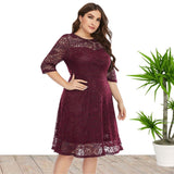 Plus Size Spring Summer  Women Clothes round Neck Lace Dress Mid-Length Formal Dress