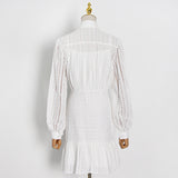 Elegant Elegant A  line Dress Turtleneck Long Sleeve Stitching Embroidered Hollow Out Cutout Single Breasted Dress for Women