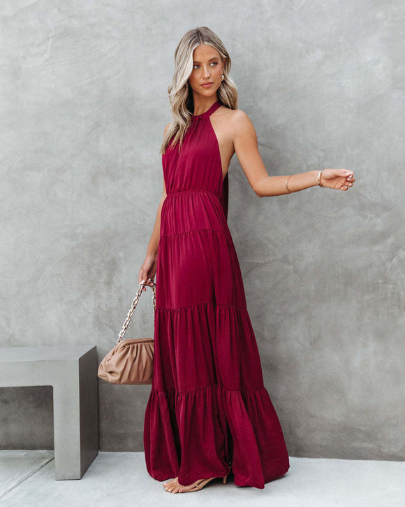 Summer Elegant Halter Long Solid Color Dress for Women