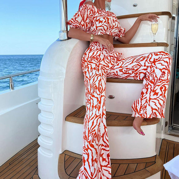 Spring Summer Women Wear off Shoulder Short  Sleeved Top Bottom Printing Two Piece Set